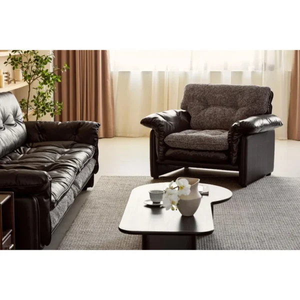 Sandwich Single-Seat Sofa in Black Leather and Grey Bouclé — in a room setting