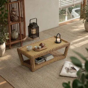 Hand-Woven Rattan Sandwich Tatami Coffee Table in sand — front view
