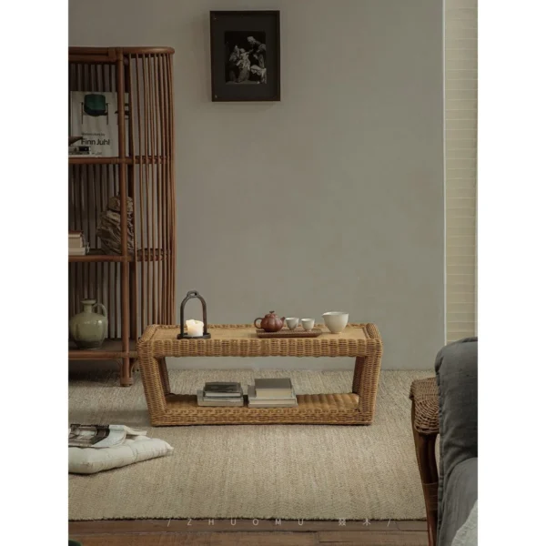 Hand-Woven Rattan Sandwich Tatami Coffee Table in sand — in a room setting