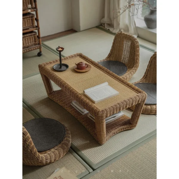 Hand-Woven Rattan Sandwich Tatami Coffee Table in sand — in a room setting