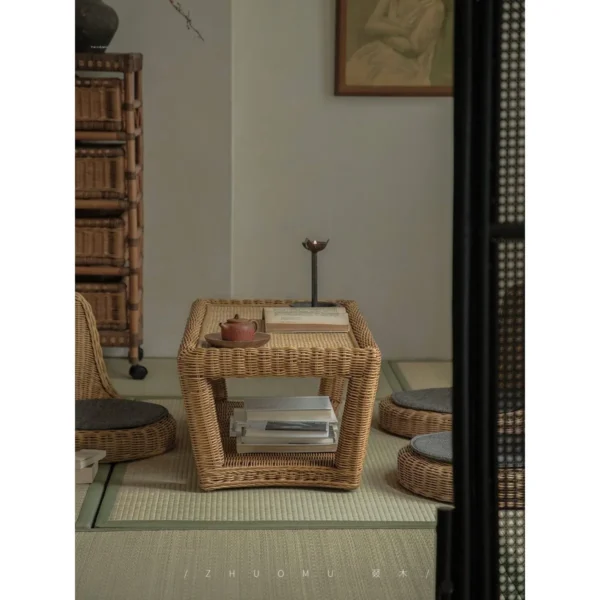 Hand-Woven Rattan Sandwich Tatami Coffee Table in sand — in a room setting