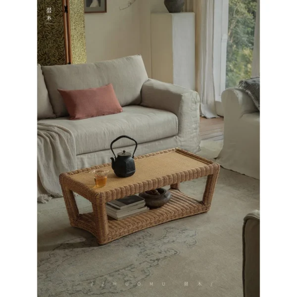 Hand-Woven Rattan Sandwich Tatami Coffee Table in sand — in a room setting