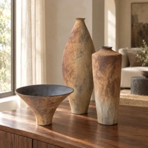 Scorched Series Stoneware Vases and Bowl in Flame Tones — front view