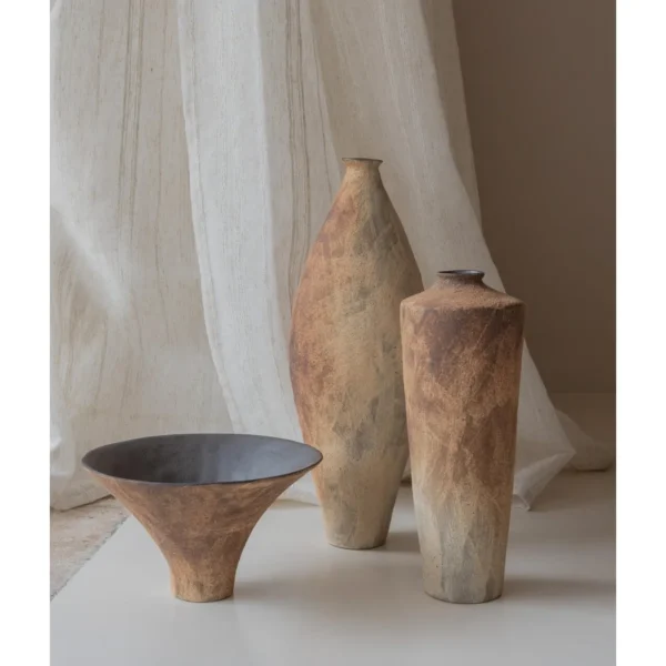 Scorched Series Stoneware Vases and Bowl in Flame Tones — in a room setting