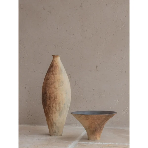 Scorched Series Stoneware Vases and Bowl in Flame Tones — in a room setting