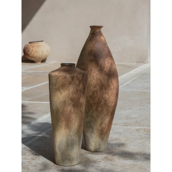 Scorched Series Stoneware Vases and Bowl in Flame Tones — in a room setting