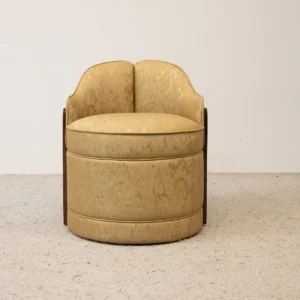 Butter Yellow Mottled Leather Barrel Vanity Chair — front view
