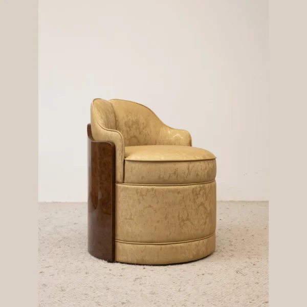 Butter Yellow Mottled Leather Barrel Vanity Chair in mustard — in a room setting