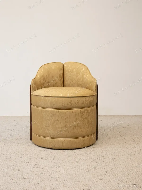 Butter Yellow Mottled Leather Barrel Vanity Chair in mustard — in a room setting