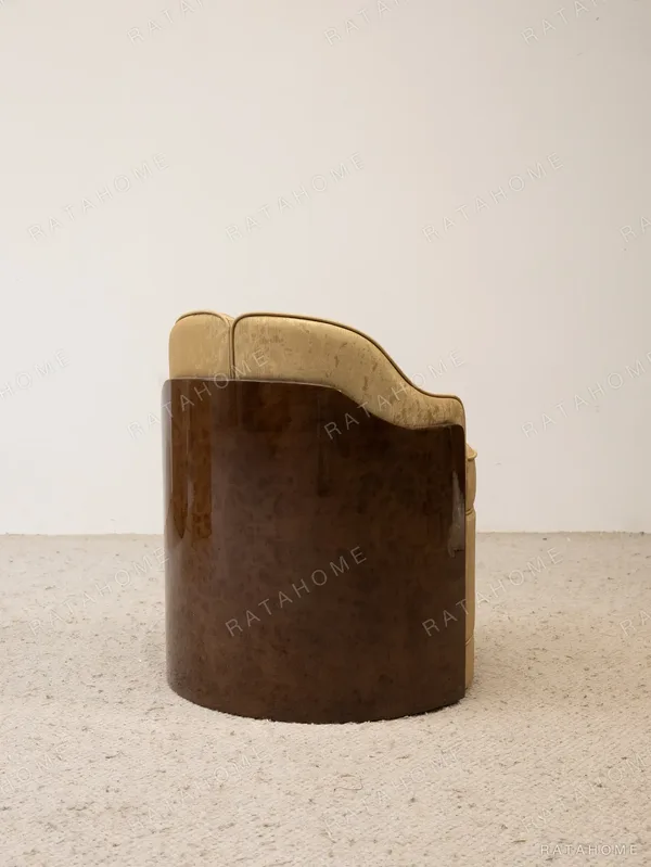 Butter Yellow Mottled Leather Barrel Vanity Chair in mustard — in a room setting