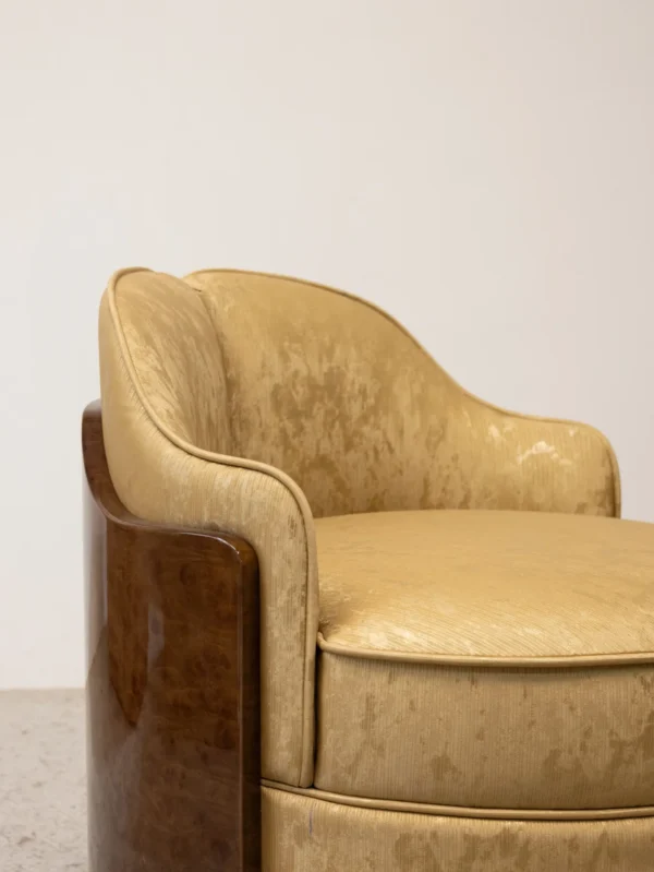 Butter Yellow Mottled Leather Barrel Vanity Chair in mustard — detail