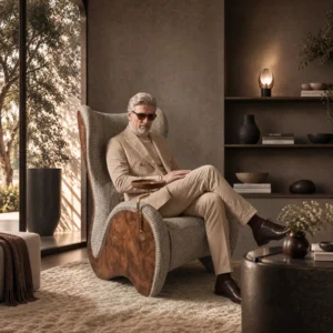 Sculptural Cigar Chair with Tray in solid wood — front view