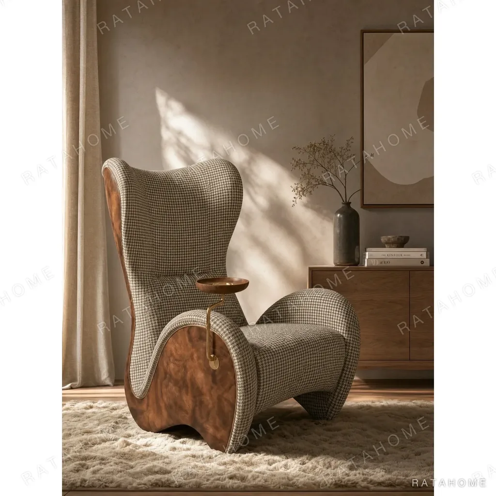 Sculptural Burl Cigar Chair with Swivel Brass Tray in clay — in a room setting