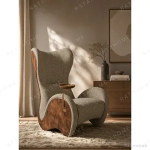 Sculptural Burl Cigar Chair with Swivel Brass Tray in clay — in a room setting