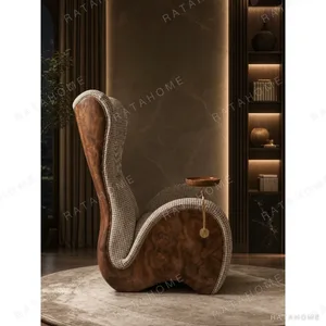 Sculptural Burl Cigar Chair with Swivel Brass Tray in clay — in a room setting