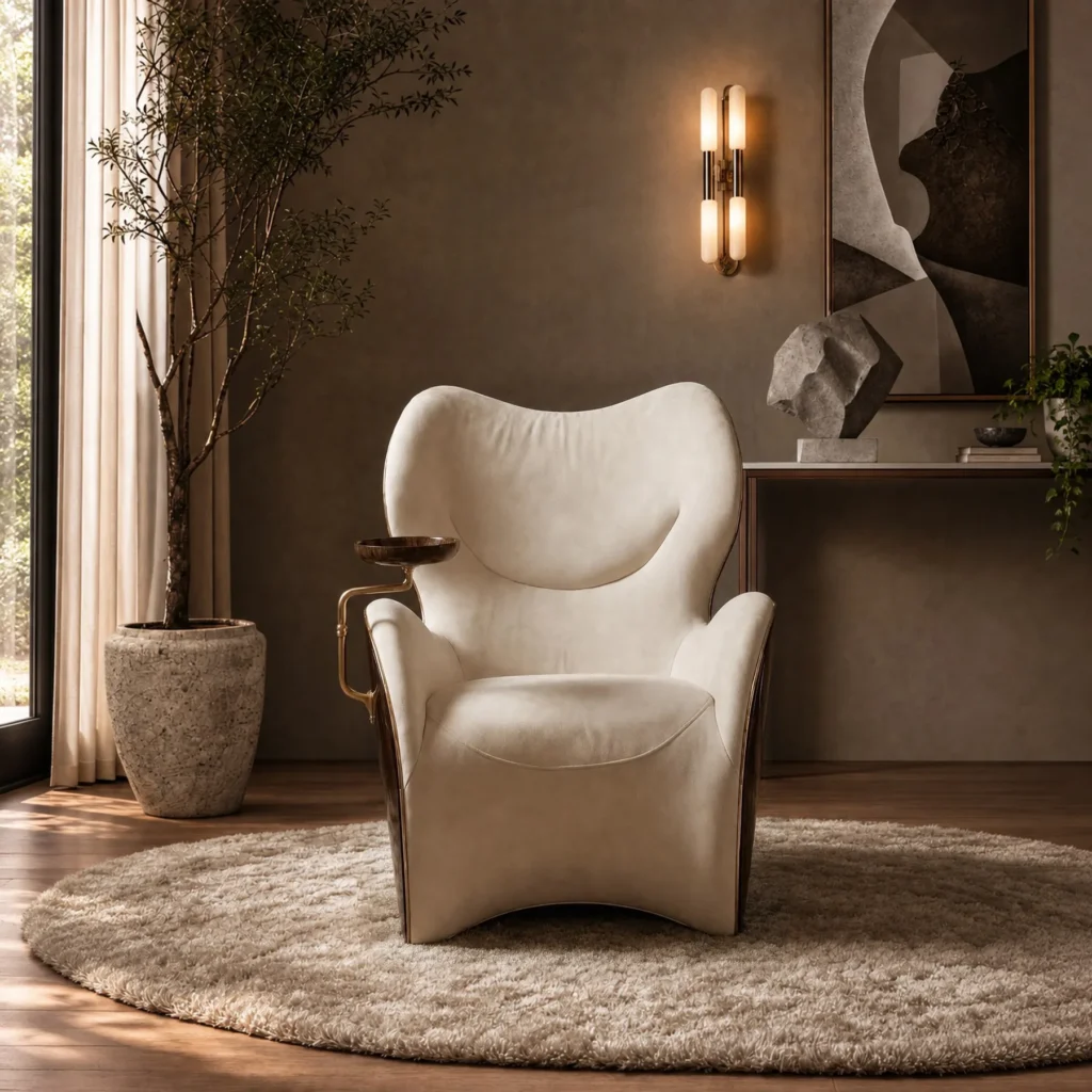 Sculptural Cigar Chair with Tray in solid wood — front view