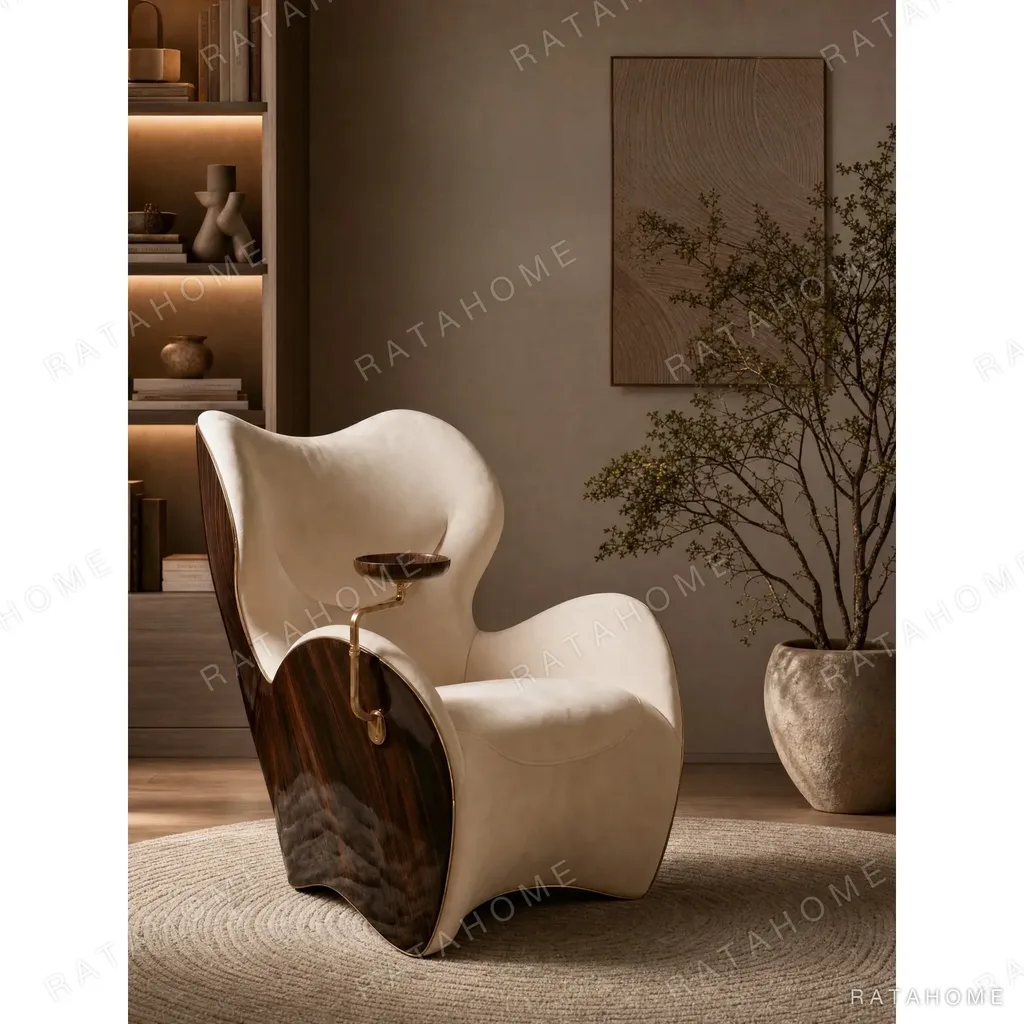 Sculptural Cigar Chair in oatmeal — in a room setting