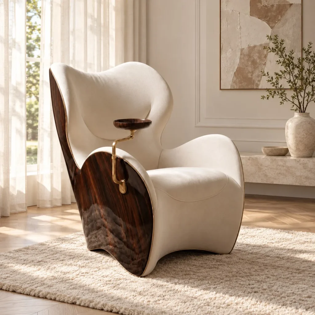 Solitude Sculptural Cigar Chair with Swivel Brass Tray in oatmeal — front view