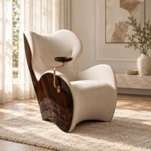 Solitude Sculptural Cigar Chair with Swivel Brass Tray in oatmeal — front view
