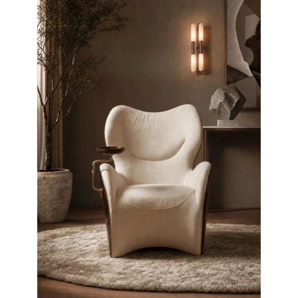Solitude Sculptural Cigar Chair with Swivel Brass Tray in oatmeal — in a room setting