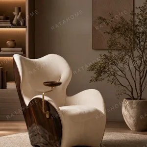 Solitude Sculptural Cigar Chair with Swivel Brass Tray in oatmeal — in a room setting