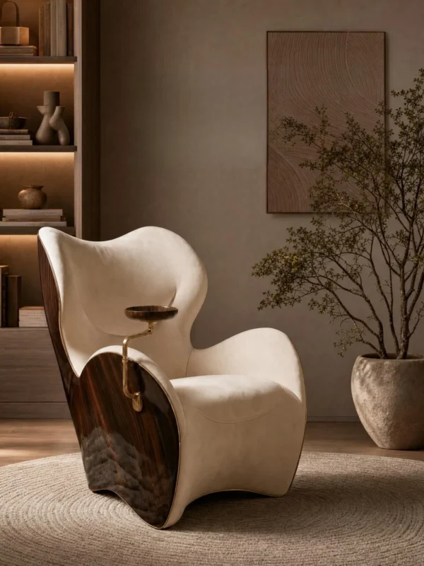 Solitude Sculptural Cigar Chair with Swivel Brass Tray in oatmeal — in a room setting