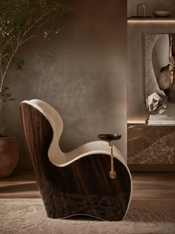 Solitude Sculptural Cigar Chair with Swivel Brass Tray in oatmeal — in a room setting