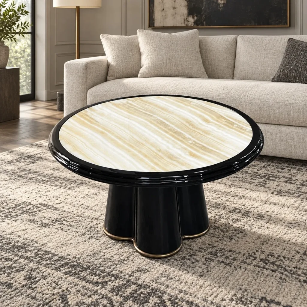 Round Honey Onyx Coffee Table on Black Lacquer Petal Base in brushed brass — front view