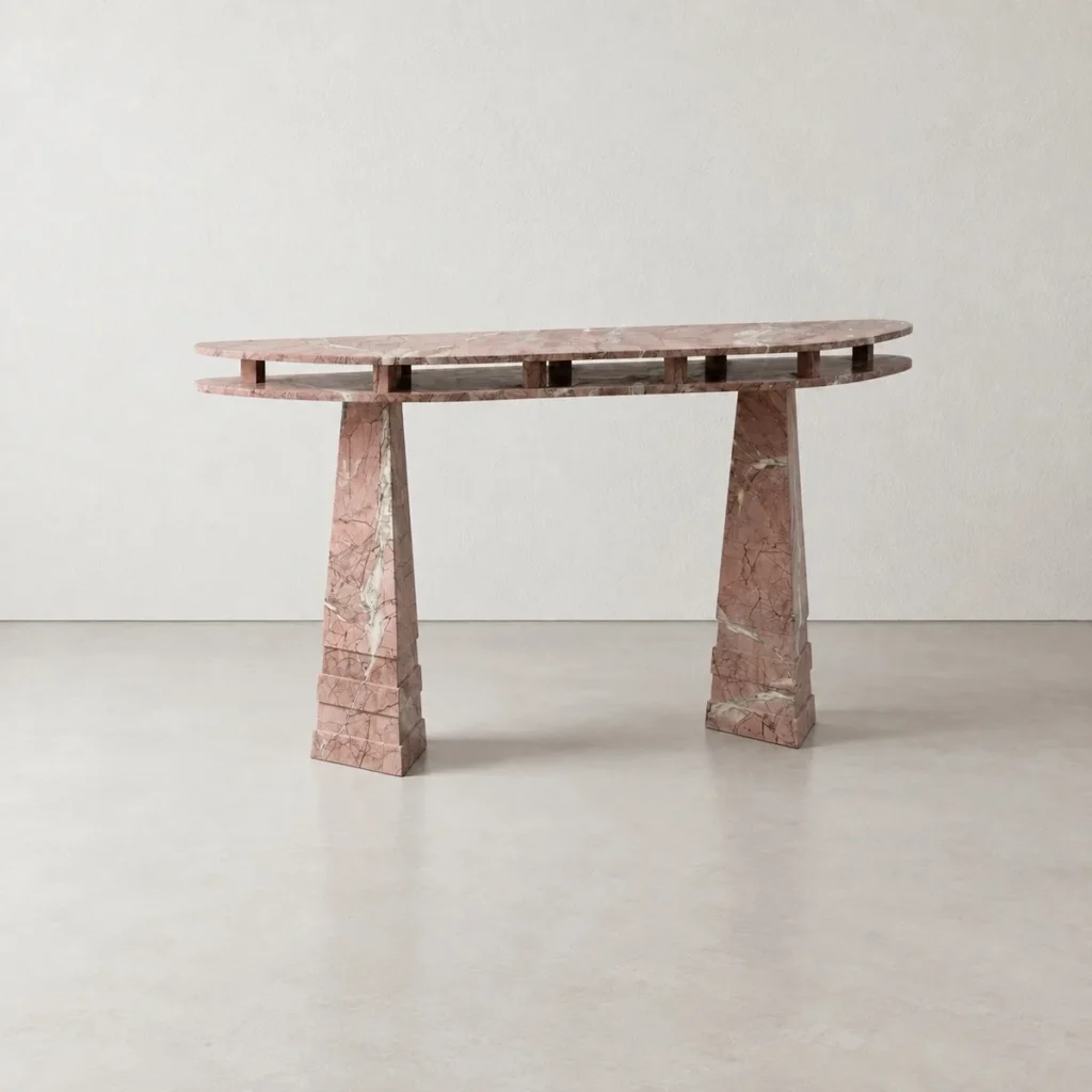 Pink Stone Two-Tier Geometric Console Table in rose stone — front view