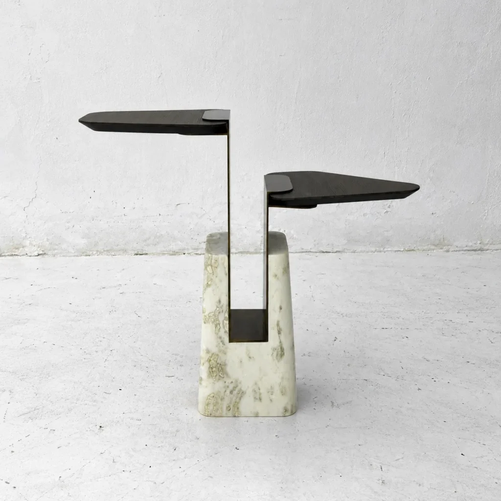 Sculptural Two-Tier Wood Side Table on Marble Block Base in black — front view