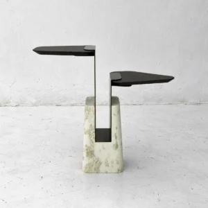 Sculptural Two-Tier Wood Side Table on Marble Block Base in black — front view