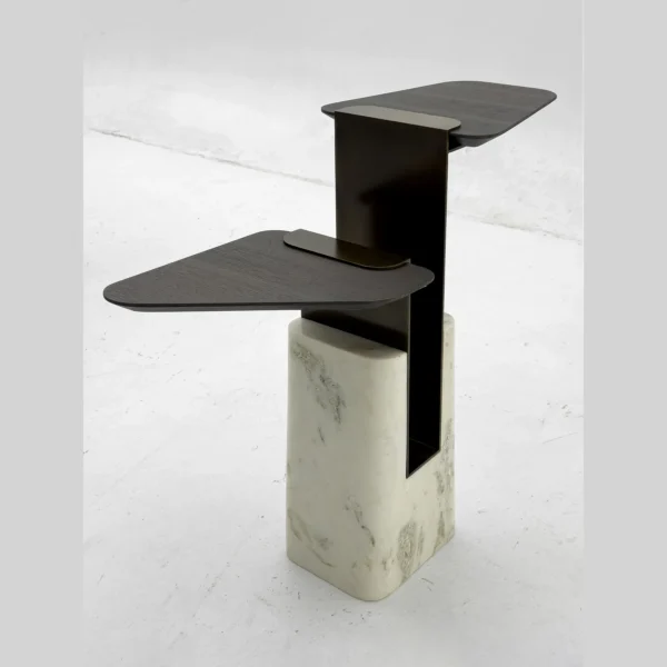 Sculptural Two-Tier Wood Side Table on Marble Block Base in black — in a room setting