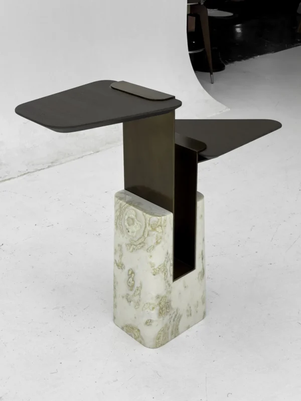 Sculptural Two-Tier Wood Side Table on Marble Block Base in black — in a room setting