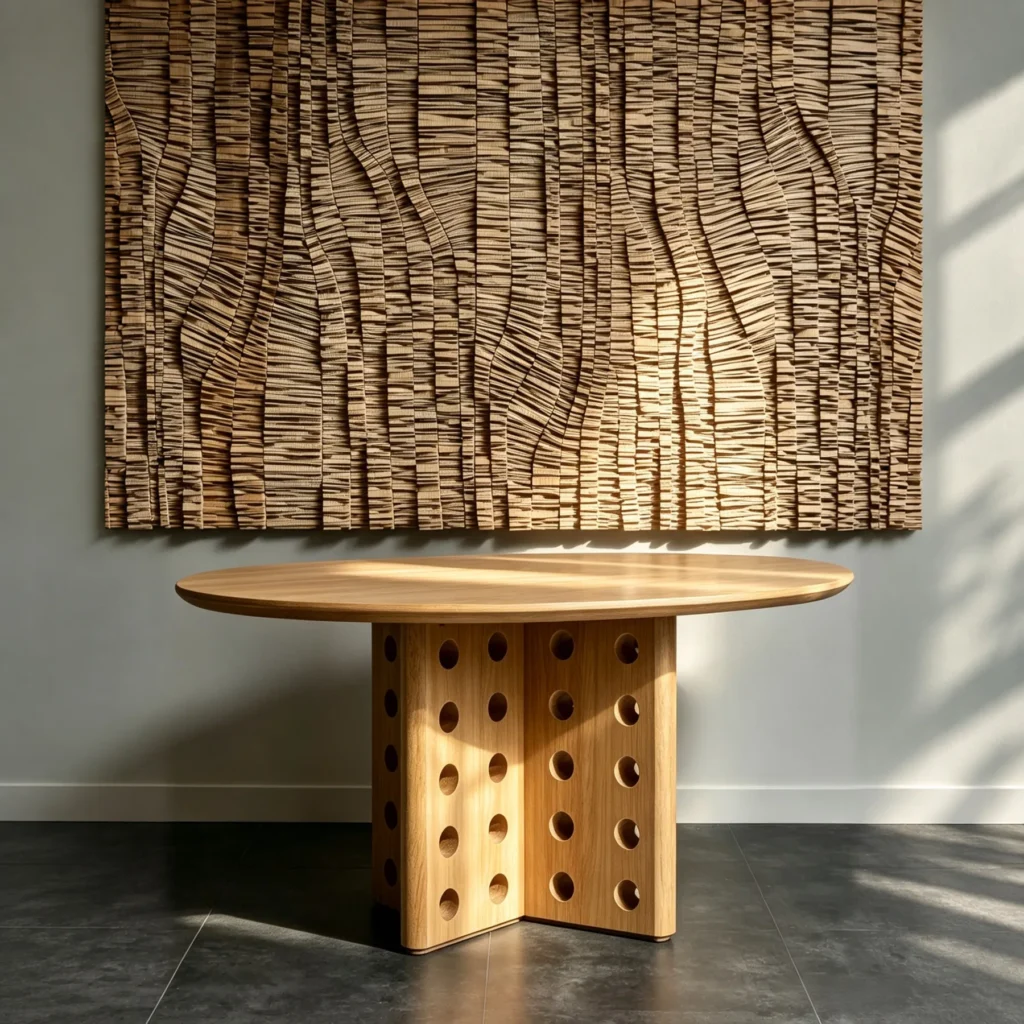 Round Oak Dining Table on Perforated Sculptural Base in natural oak — front view