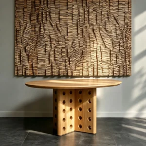 Round Oak Dining Table on Perforated Sculptural Base in natural oak — front view