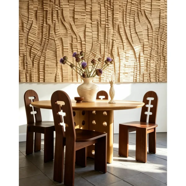 Round Oak Dining Table on Perforated Sculptural Base in natural oak — in a room setting