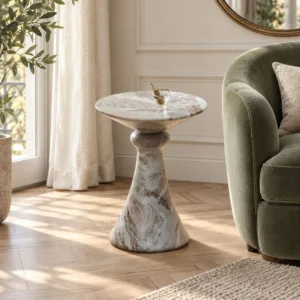 Sculptural Grey Marble Side Table with Fluted Cone Base in ivory — front view