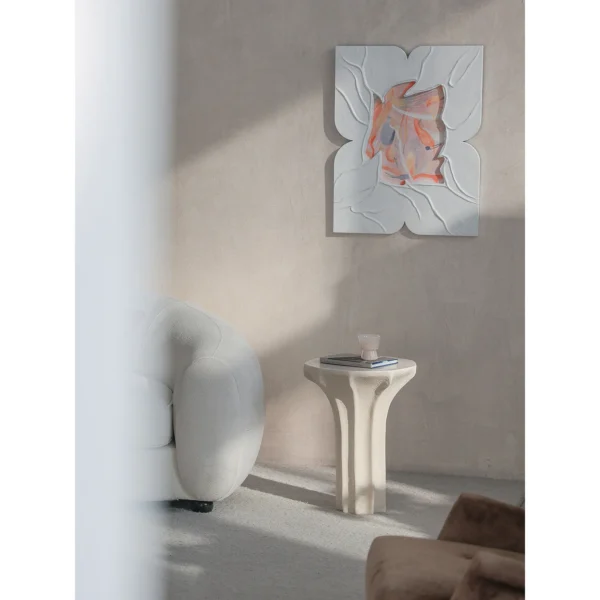Sculptural Cream Side Table with Arched Forked Base in oatmeal — in a room setting