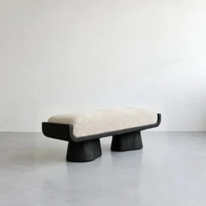 Sculptural Black Oak Bench with Cream Velvet Cushion, 128 cm in black — front view