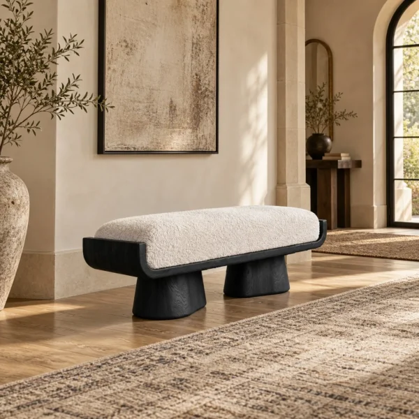Sculptural Black Oak Bench with Cream Velvet Cushion, 128 cm in black — in a room setting