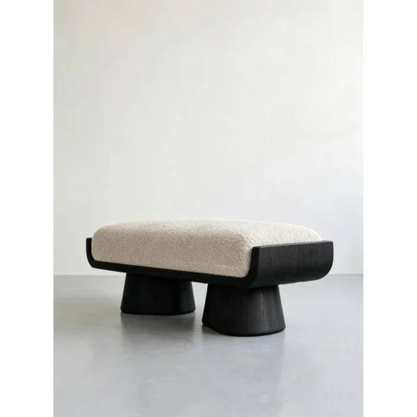 Sculptural Black Oak Bench with Cream Velvet Cushion, 128 cm in black — in a room setting