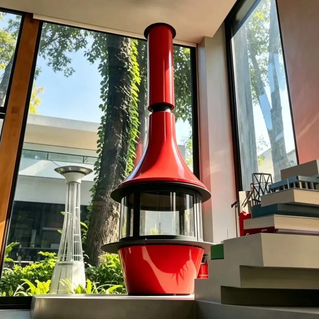 Sculptural Suspended Fireplace in red — front view