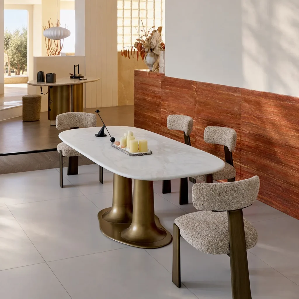 Sculptural Travertine Dining Table in oatmeal — front view