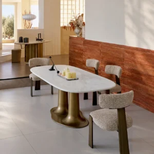 Sculptural Travertine Dining Table in oatmeal — front view