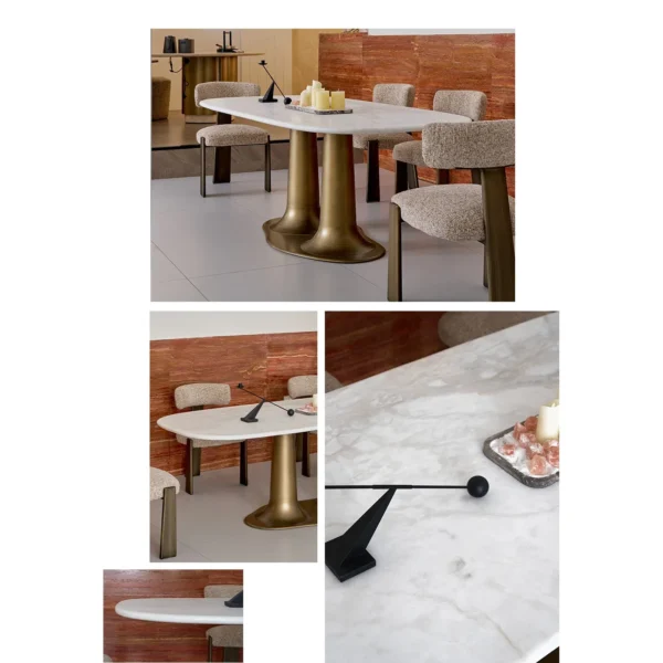 Sculptural Travertine Dining Table in oatmeal — in a room setting