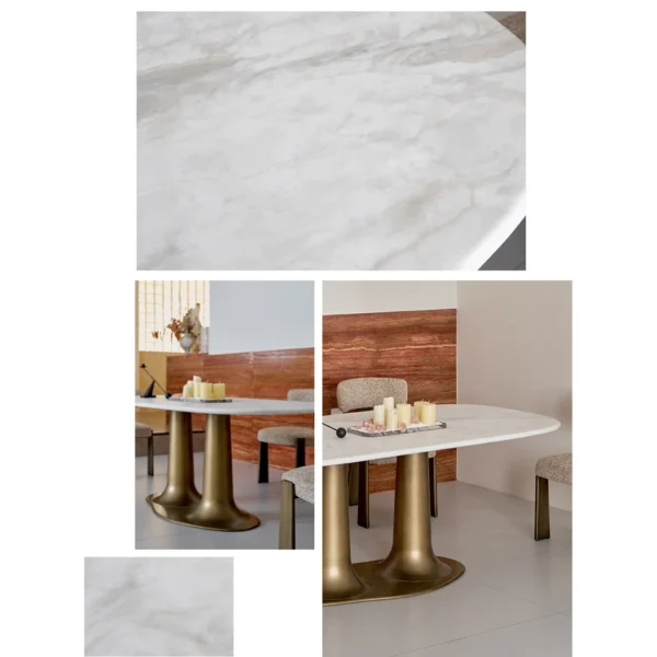 Sculptural Travertine Dining Table in oatmeal — in a room setting