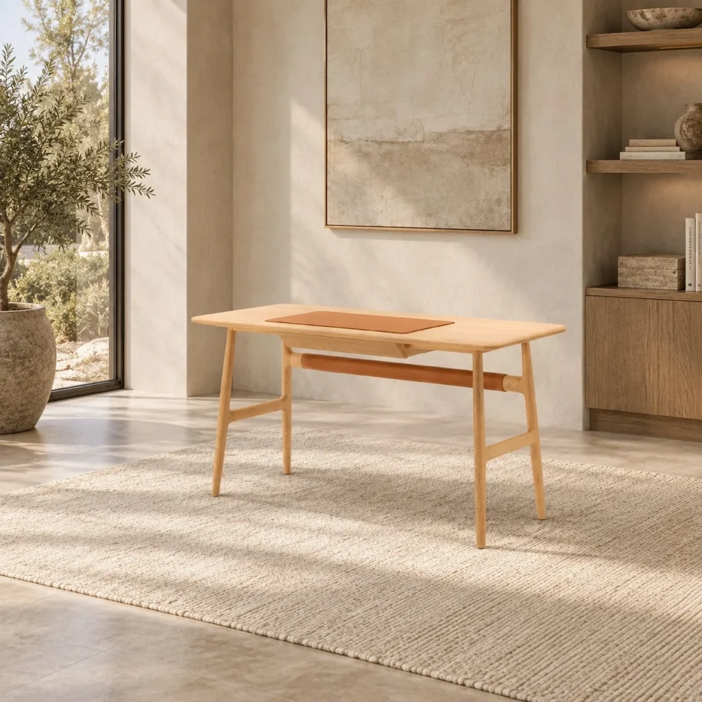 Seito Light Ash Desk with Rounded Edges and Leather Drawer in natural oak — front view