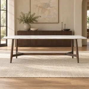 Seito Marble-Top Dining Table on Walnut Sled Legs in ivory — front view