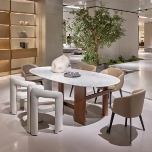 Sengu Marble Dining Table on Asymmetric Wood and Stone Base in ivory — front view