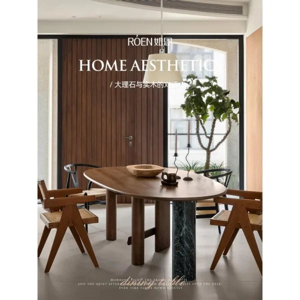 Sengu Marble Dining Table on Asymmetric Wood and Stone Base in ivory — in a room setting
